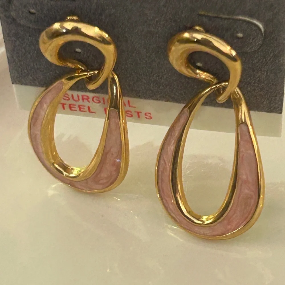 Gold Clay Pink Loop Dangle Earrings Pierced NEW Vintage Surgical Steel Post - Picture 8 of 10